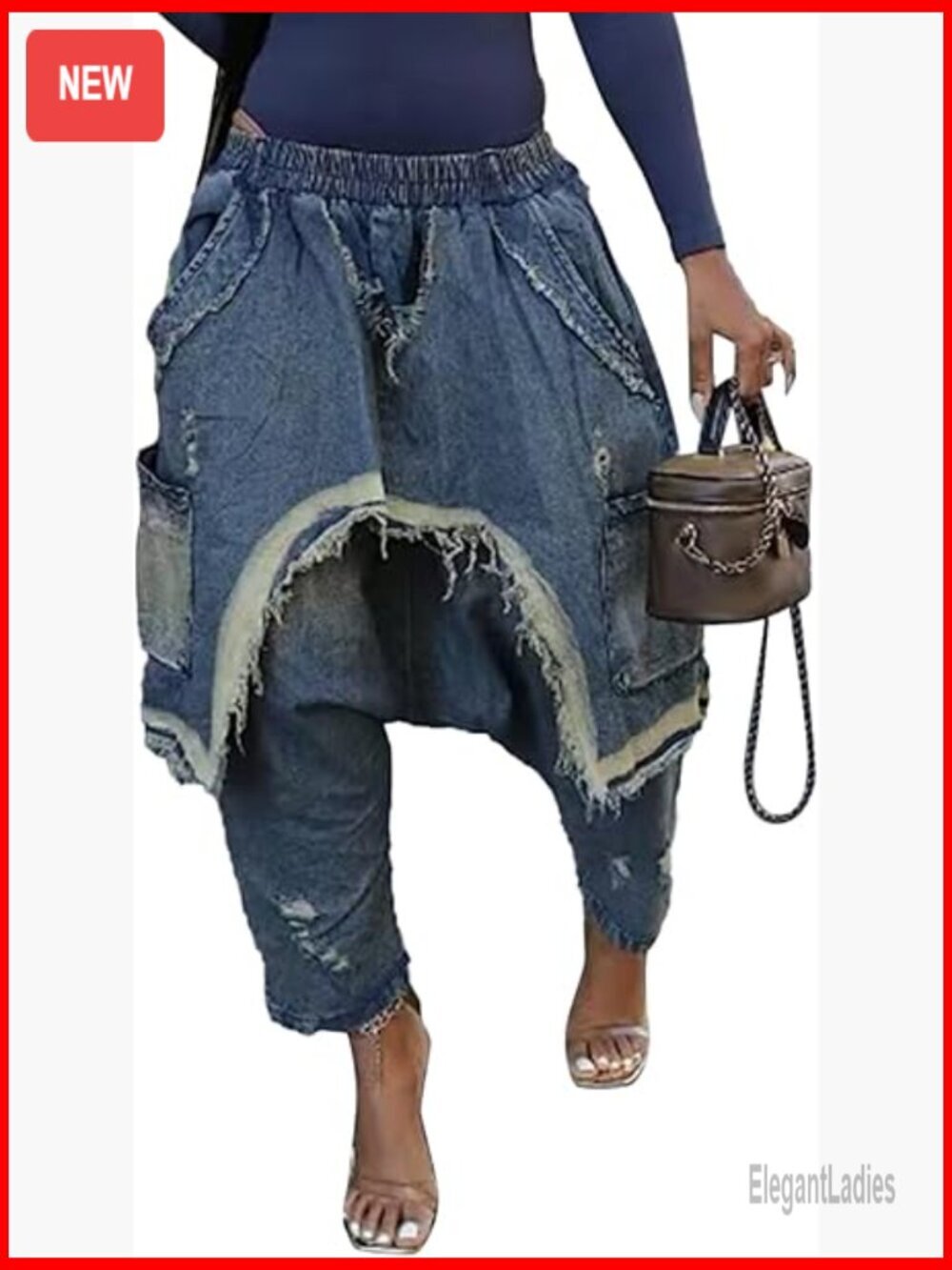 Wide Leg Harem Jeans Elastic Waist Baggy Cargo Joggers Denim Pants